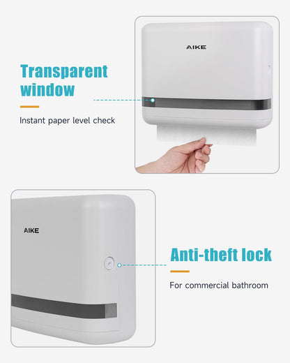 AIKE 200 Sheets Multifold Wall Mount Paper Towel Dispenser,with Lock for Home and Commercial,White(Folded Size L 23cm x W 9cm Or Smaller)