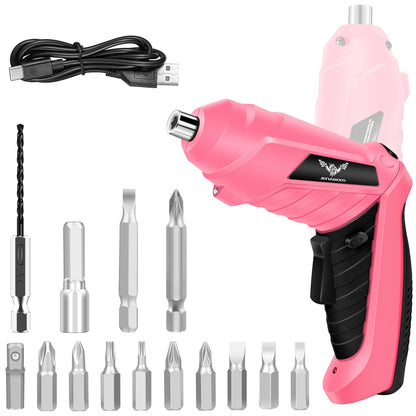 JENABOM 14 in 1 Electric Screwdriver Cordless Rechargeable Small Power Drill Set 3.6V Drill 3Nm Max Torque Electric Rotatable with LED Light Screwdriver, Pink