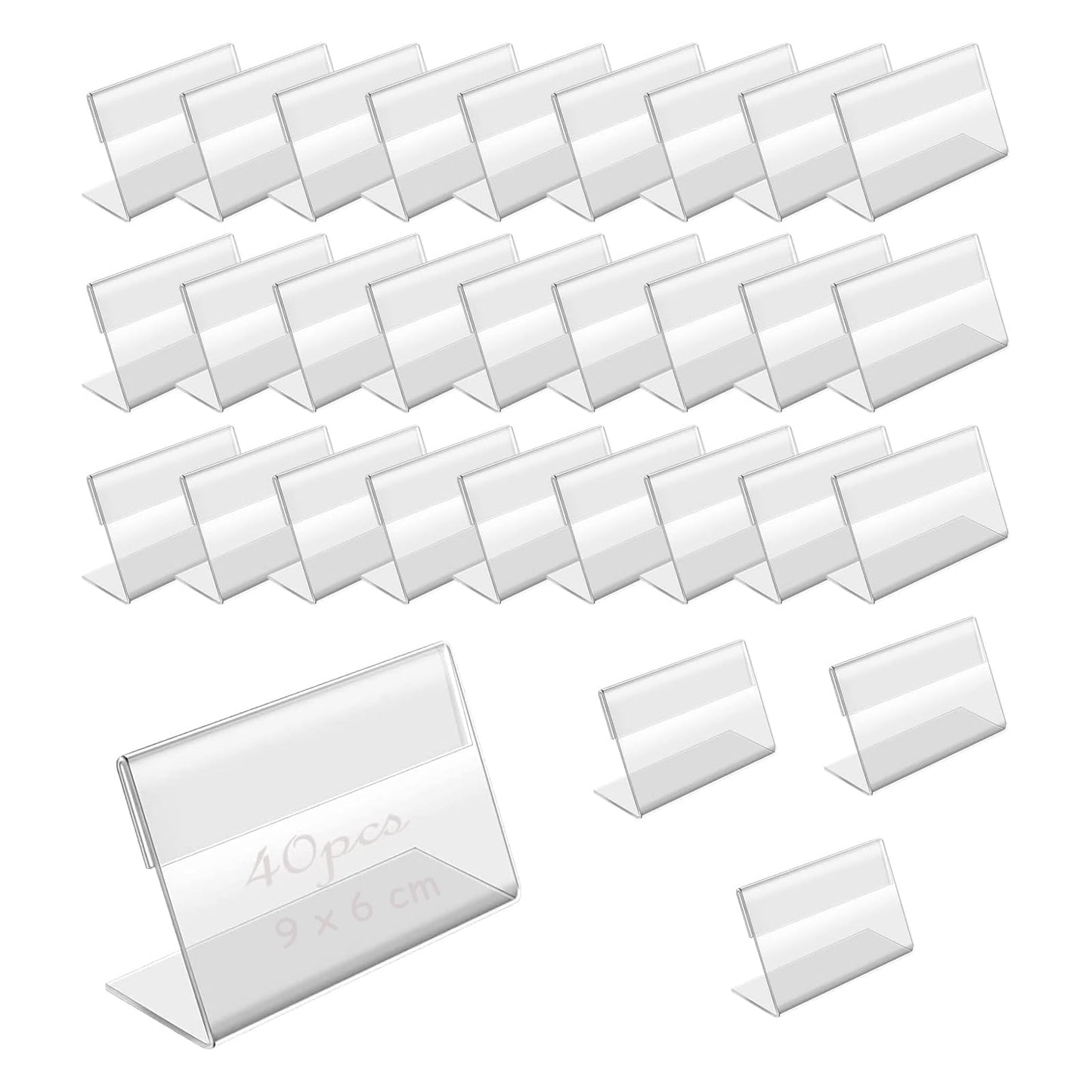 40Pcs Acrylic Sign Holder, Mini Sign Display Holder L Shape Sign Holders Price Name Card Price Card Tag Label Counter Top Stans(9cm x 6cm)