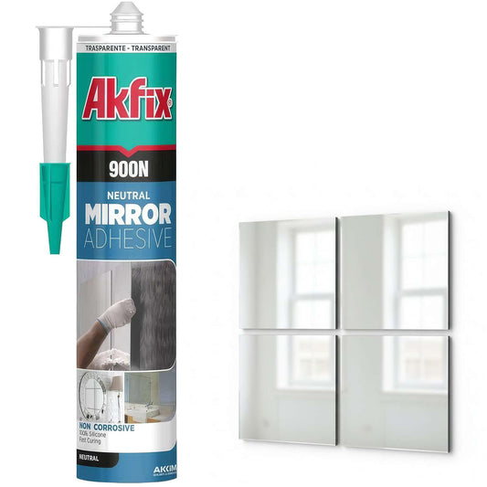 Akfix 900N Silicone Mirror Adhesive, Neutral Cure, High Performance, Non-Sag, Low Odour, Flexible, Transparent, for Mirror Installation on Plaster, Concrete, Wood, Ceramic | 310 ml Cartridge