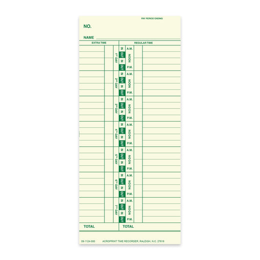Acroprint Weekly Timecards- 09-1124-000 for ES900/125/150 Models. Bilingual 250 Pack