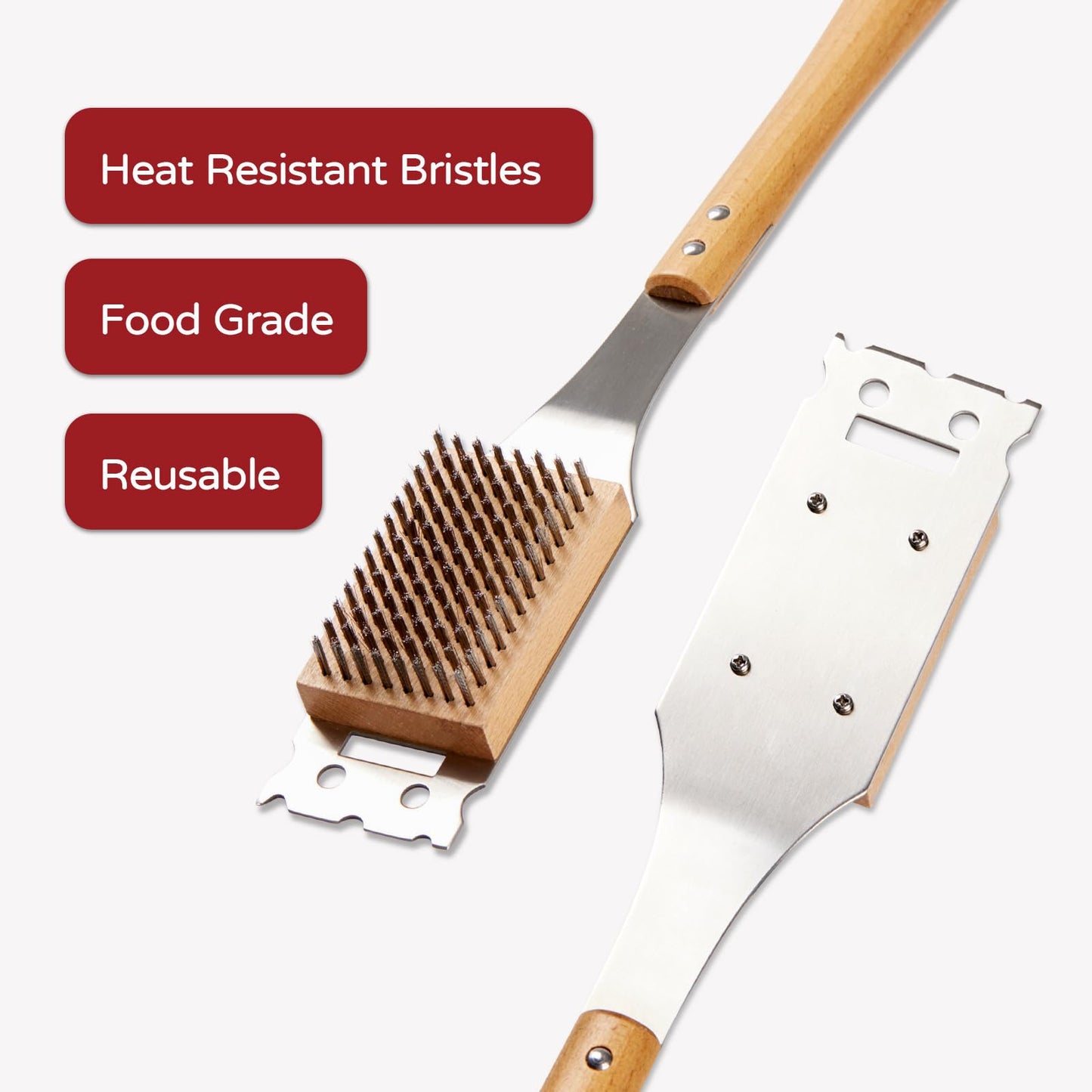 ROCKSHEAT Grill Brush and Scraper, 16.9" Grill Cleaning Brush with Heat Resistant Stainless Steel Bristles & Comfortable Wood Handle, BBQ Grill Brush for Outdoor Grill, BBQ Accessories Gift for Men