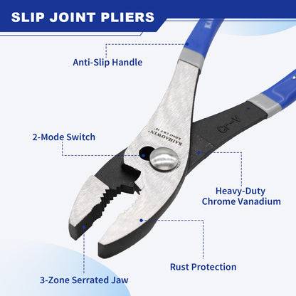 KAIHAOWIN Slip-Joint Pliers 8"& 10" Set of 2, Large Pliers Cr-V Heavy Duty Serrated Jaw with Rubber Grip Handle Plier Tool
