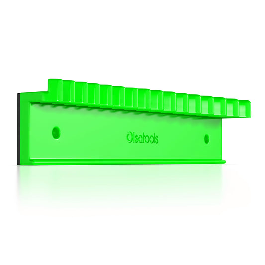 Olsa Tools Magnetic Wrench Organizer - Green 15-Slot Holder Rack - SAE & Metric Storage Rail for Toolbox or Wall - Scratch-Free Rubberized Base - Part: 1875