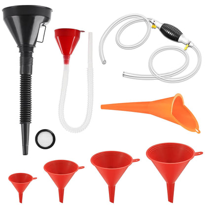 8 Pieces Filling Funnel Set, Gasoline Fuel Funnel，Right Angle Flexible Plastic Funnel Set, Universal Auto Gasoline Fuel Funnel with Detachable Hose and Manual Oil Absorber