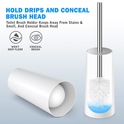 Toilet Brush and Holder, 2 Pack Toilet Brush with 304 Stainless Steel Long Handle, Toilet Bowl Brush for Bathroom Toilet-Ergonomic, Elegant,Durable (White)