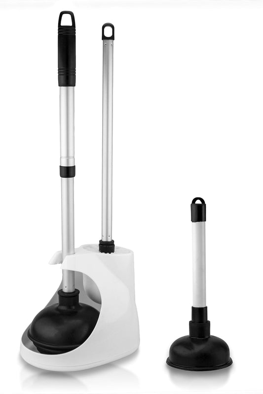 NEIKO 60168A Toilet Plunger Set, 4 Piece, Bonus Mini Sink & Drain Plunger, Toilet Bowl Brush & Caddy, Patented All-Angle Design, Telescopic Aluminum Handle, Bathroom Toilet Brush and Plunger Set
