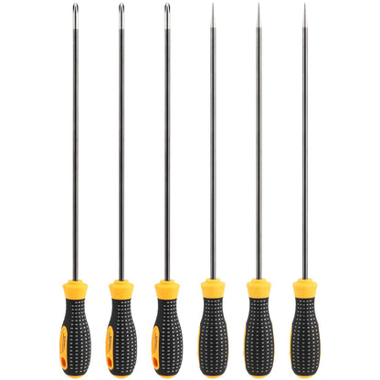 SEUNMUK 6 PCS 12 Inch Long Magnetic Precision Screw Driver Tool Set, 3 Flat Head and 3 Cross Head Screwdriver Set, Magnetic Long Screwdriver Set with Rubber Handle