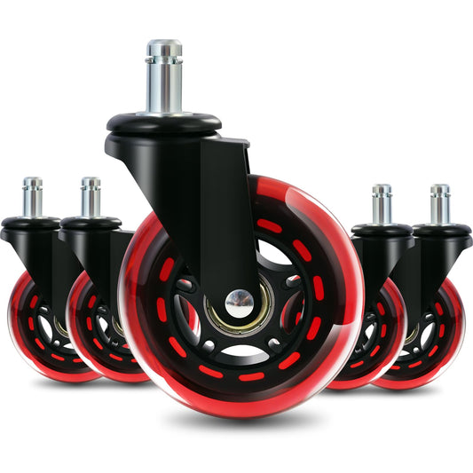 Office Chair Wheels, Replacement Rubber Casters- Universal Fit 3 Inch Computer Gaming Desk Caster Wheels, Fits 98% Heavy-Duty Chair Wheel, Smooth & Quiet Casters for All Floor, Red