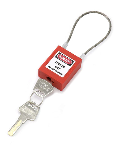 QWORK 4 Pack Lockout Tagout Steel Cable Locks with 8 Keys, Compact Cable Padlock, Red Keyed Different Electrical Lockout Padlock Set