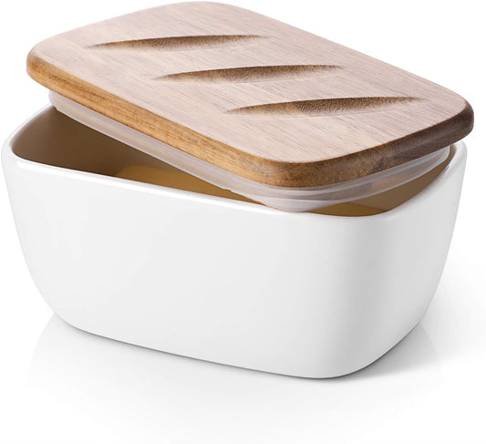 DOWAN Butter Dish, Ceramic Butter Dish with Lid and Butter Holder Container with High-Quality Sealing for Countertop, Large Butter Dishes Holds up to 3 Sticks, White Butter Keeper
