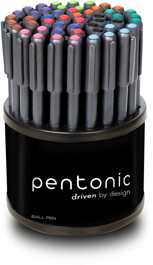 Pentonic Ballpoint Pens in Pen Organizer, 50-Pack, 10 Assorted Ink Colors, 1.0mm Medium Point, Smooth Writing for Journaling, Note-Taking & Office Use, Smear-Resistant Ink, Bulk Pen Set with Holder