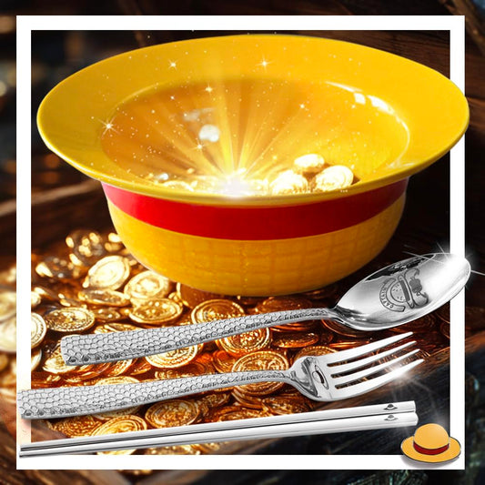 5 PCS Onepiece Anime LUFFYs Straw Hat Ceramic Bowl Set, 20 oz Anime Theme Merch Ramen Bowl + Captain Stainless Steel Fork & Spoon & Chopsticks + Enamel Pin + Exquisite Packaging Box