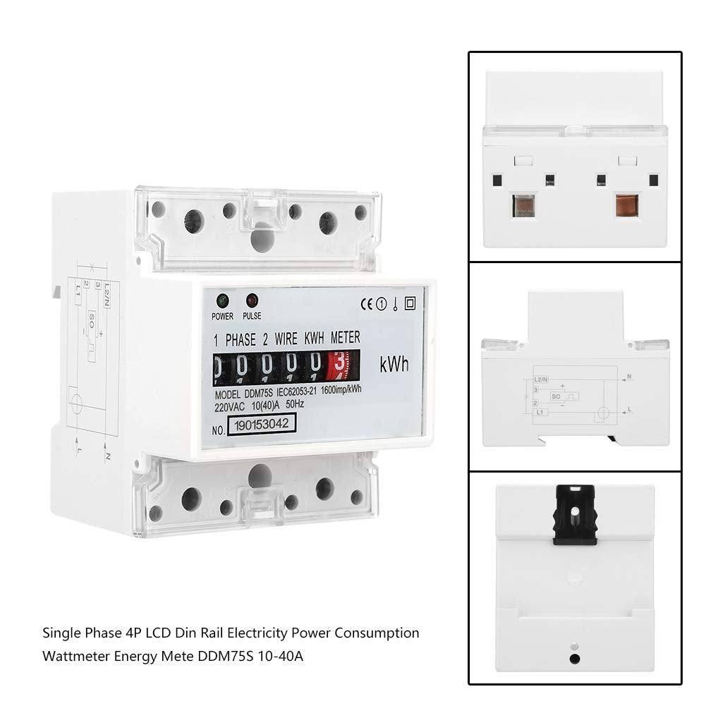 Electricity Usage Monitor Kilowatt Hour Meter Single Phase 4P DIN Rail Mounted 10 to 40A LED Display Real Time Power Consumption Wattmeter