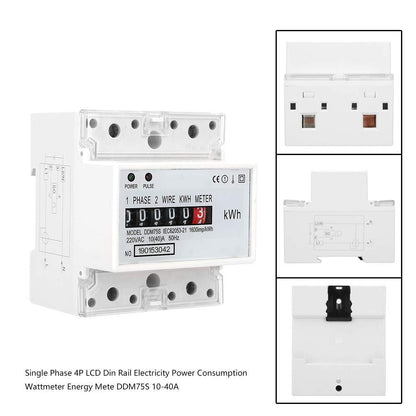 Electricity Usage Monitor Kilowatt Hour Meter Single Phase 4P DIN Rail Mounted 10 to 40A LED Display Real Time Power Consumption Wattmeter