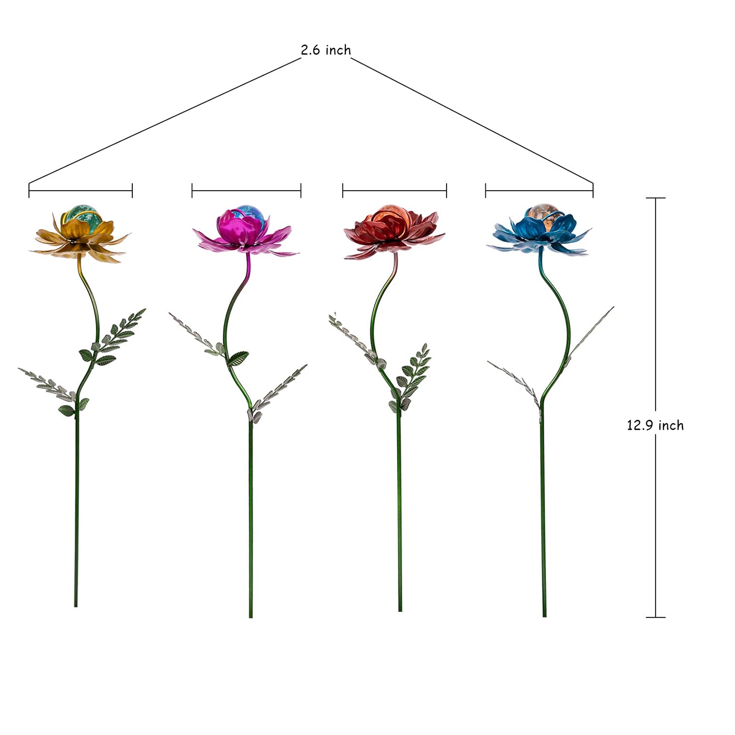 Viveta 4 Pack Flower Garden Stakes Decor, 12.9 inch Metal Flowers Outdoor Decor Waterproof Metal Flower Sticks for Patio, Lawn, Yard Decorations