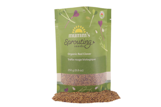 Organic Red Clover (Tréfle Rouge) Sprouting Seeds, Mumm's, Large Size: 250 Grams, Non-GMO - Product of Canada - High Germination Rate - Resealable Bag