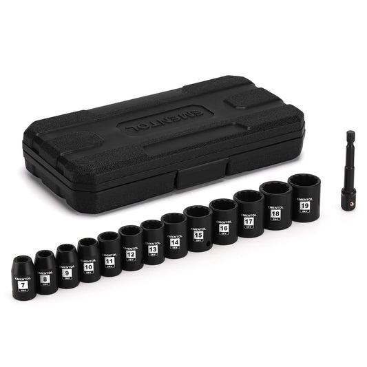 EMENTOL 14PCS 3/8" Dr. Standard Impact Socket Set, Metric, 12-Point, CR-V, 14 Pieces 3/8-Inch Drive Shallow Socket Set, 7mm - 19mm