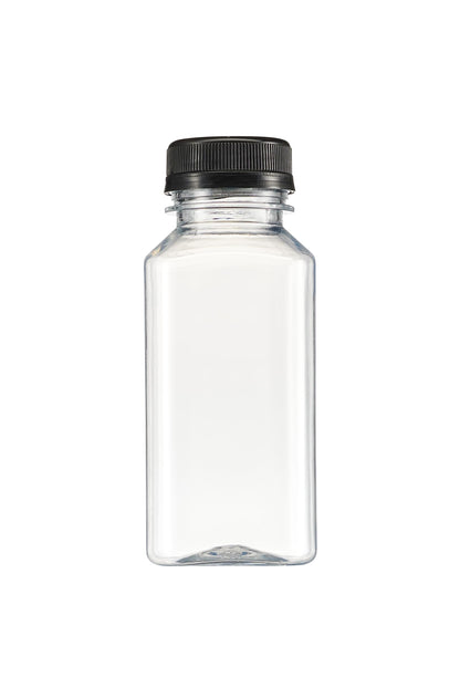 GUSTO [8 oz. - 25 Count] Reusable Juice Bottles With Caps, Labels, Brush, and Silicone Funnel - Clear Bottles with Caps, Juice Containers with lids, for All Beverages - Formerly Comfy Package