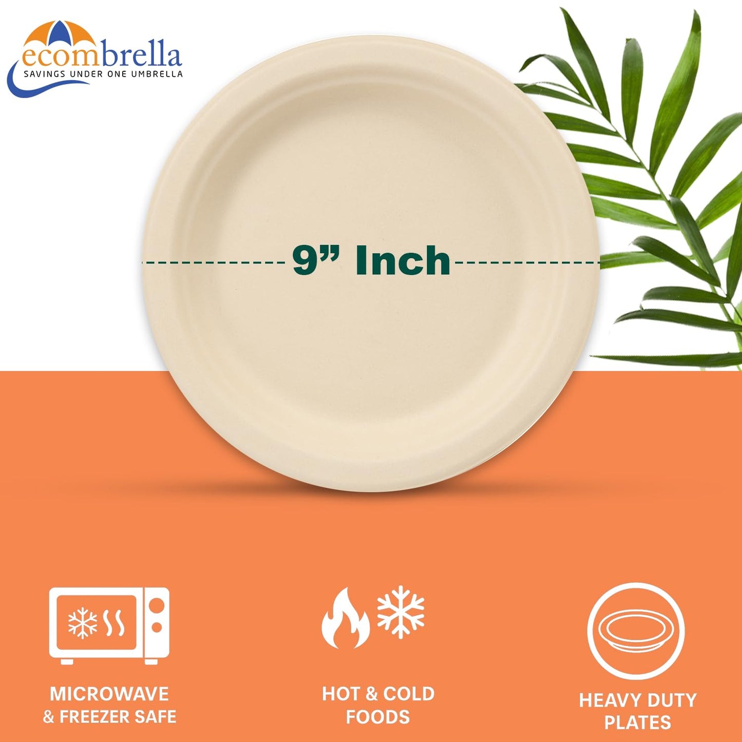 ECOMBRELLA Paper Plates, 9 Inch Round Compostable Disposable Plates, Heavy-Duty Leak-Resistant, Eco-Friendly Sugarcane Bagasse Dinner Plates, Microwave Safe, 50 Count