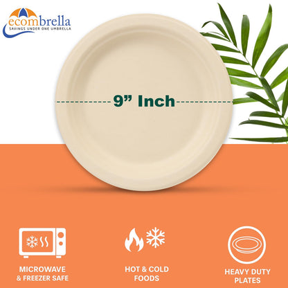 ECOMBRELLA Paper Plates, 9 Inch Round Compostable Disposable Plates, Heavy-Duty Leak-Resistant, Eco-Friendly Sugarcane Bagasse Dinner Plates, Microwave Safe, 50 Count