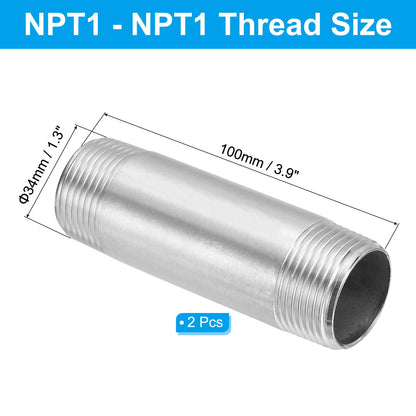 PATIKIL 304 Stainless Steel Pipe Fitting 1" NPT x 1" NPT Male Thread, 2 Pcs 4inch/100mm Length Nipple Cast Pipe Coupling Fitting Connector