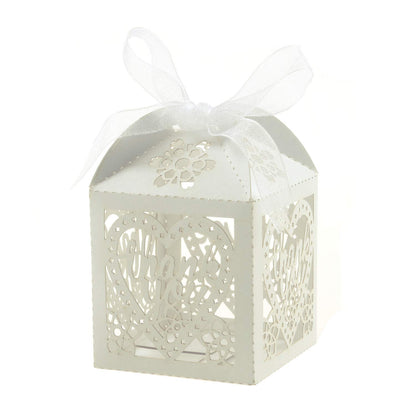 COTOPHER Laser Cut Boxes, 100pcs Thank You Gift Boxes Wedding Party Favor Boxes Lace Candy Boxes for Wedding Bridal Shower Baby Shower Birthday Party Decorations with Ribbons (2x2x2.75inch, White, 100