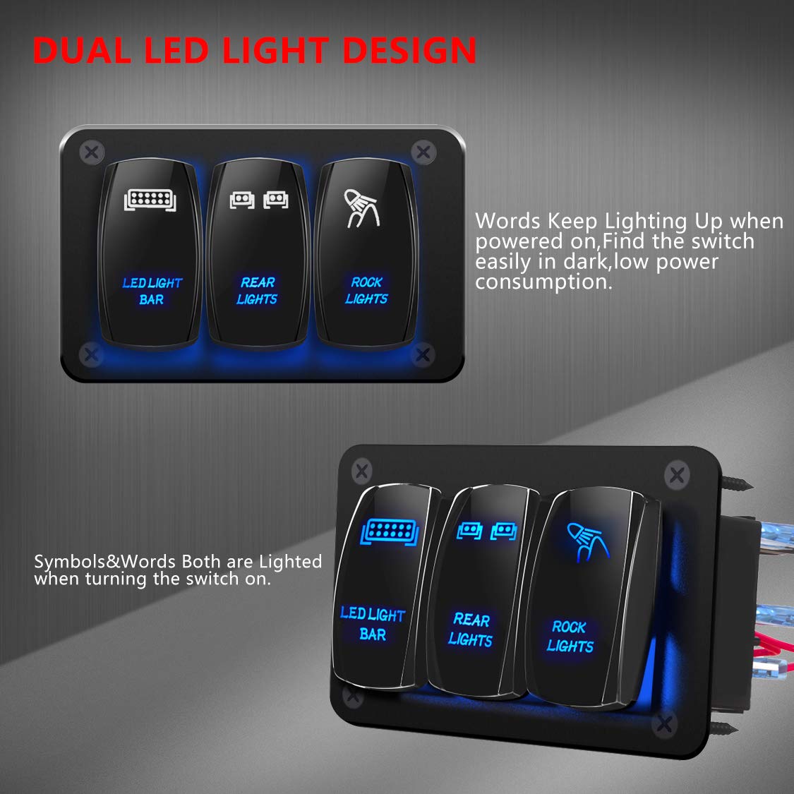 DaierTek LED Light Bar Switch Panel, 3 Gang Rocker Switch Panel, 12V Toggle Switch Panel for Truck Car RZR Jeep RV Automotive Marine Boat Blue 12 Volt Switch Panel Waterproof