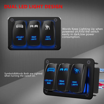 DaierTek LED Light Bar Switch Panel, 3 Gang Rocker Switch Panel, 12V Toggle Switch Panel for Truck Car RZR Jeep RV Automotive Marine Boat Blue 12 Volt Switch Panel Waterproof