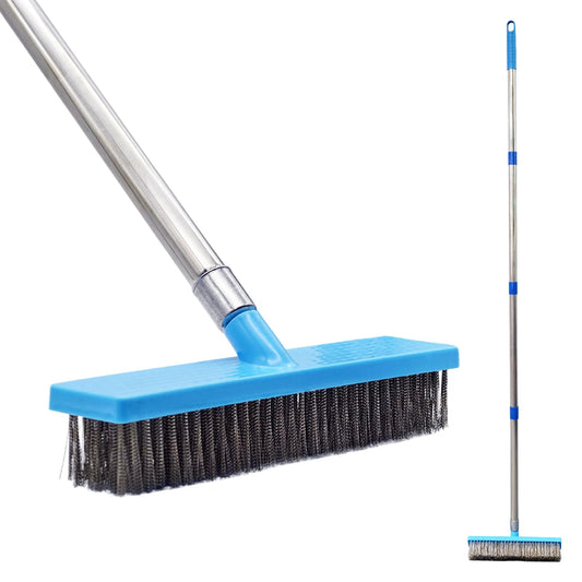 Nodtin 63" Stainless Steel Wire Scrub Brush with Long Handle - Stiff Bristle Broom for Moss Pole, Tough Stains & Dirt Removal，Heavy Duty Floor Scrubber for Concrete Floor, Garage, Grout, Boat, Garden