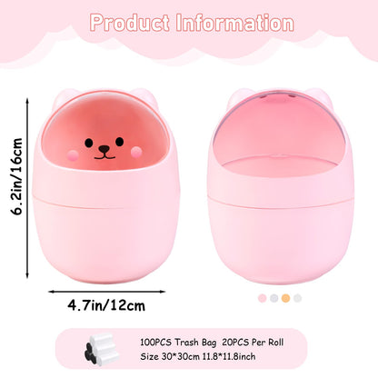 Witwatia 4 Pcs Small Trash Can with Swing Lid, Cute Bear Removable Desktop Trash Can 6 Garbage Bags, Plastic Wastebasket Garbage Bin for Home, Office, Kitchen, Vanity Tabletop, Bedroom, Bathroom