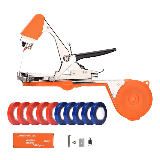 FUNTECK Plant Tying Machine to Tie Tomatoes Peppers and Cucumbers Quickly and Easily, Great for Gardeners Farmers, Including Spare Parts, Tapes and Staples, Orange