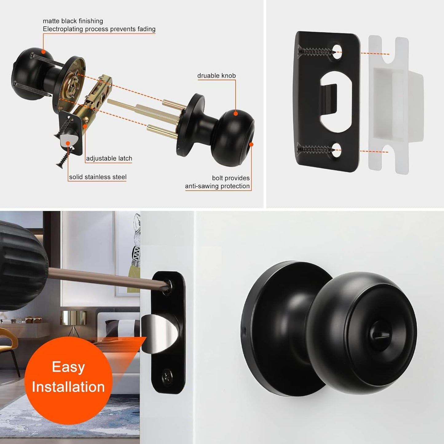 Haidms 2 Packs Matte Black Door Knobs Interior, Round Privacy Door Knob keyless (Thumb Turn Lock on The Inside) Ball Door Knob for Bedroom Bathroom
