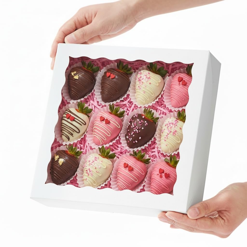 RomanticBaking 28pcs 9x9x2.5 Inches Bakery Boxes with Window for Pie, Chocolate Covered Strawberries, Breakable Heart, Cookies, Cakesickle