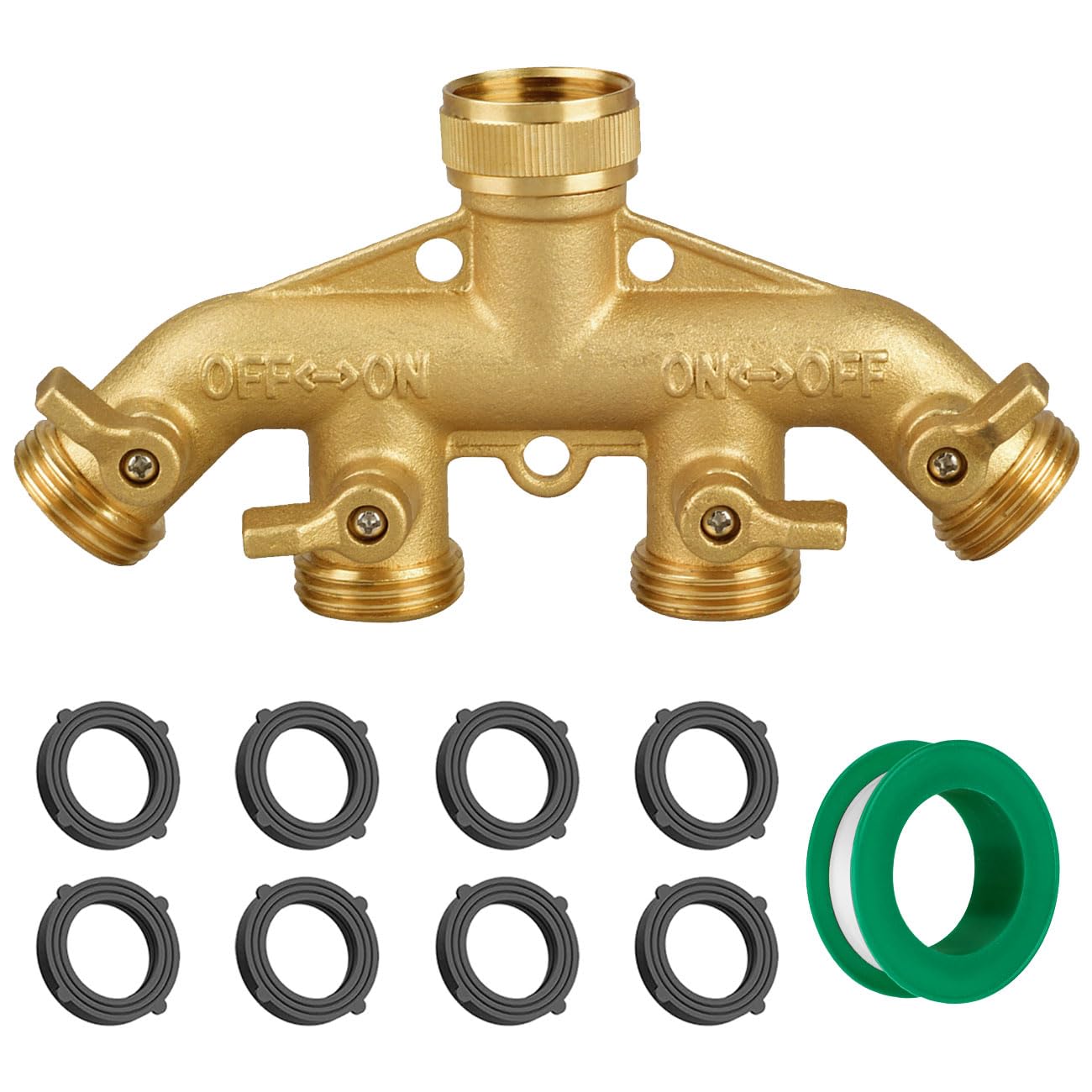 4 Way Garden Hose Splitter, Heavy Duty Hose Connector 3/4", Solid Brass Hose Spigot Adapter 4 Valves with 8 Extra Rubber Gaskets and 1 Seal Tape