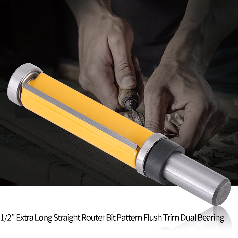 1/2" Shank Straight Router Bit Woodworking Flush Trim Router Bit Tool 2-1/2"L x 3/4''Dia with Long Cutter, Top and Bottom Bearing