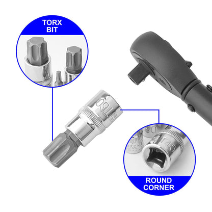 Gunpla Torx Bit Socket Set, 13-Piece Star T8 - T70 Set Chrome Vanadium Steel 1/4”, 3/8” and 1/2” Drive Heavy Duty Star Sockets Tools