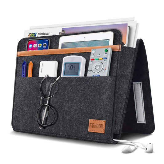 ERKOON Felt Bedside Caddy Thicker Bed Sofa Bedside Hanging Storage Organizer Bag Holder with Pocket for Books, Tablet, TV Remote Control, Phone, Accessories(Dark Grey)