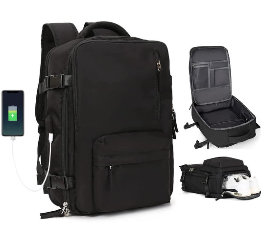 Carry on Backpack for Women Men, Travel Backpack with Shoe Compartment & Wet Pocket, College Business Laptops Backpack with USB Charging Port Waterproof Casual Daypack Luggage for Sports Travel, Black