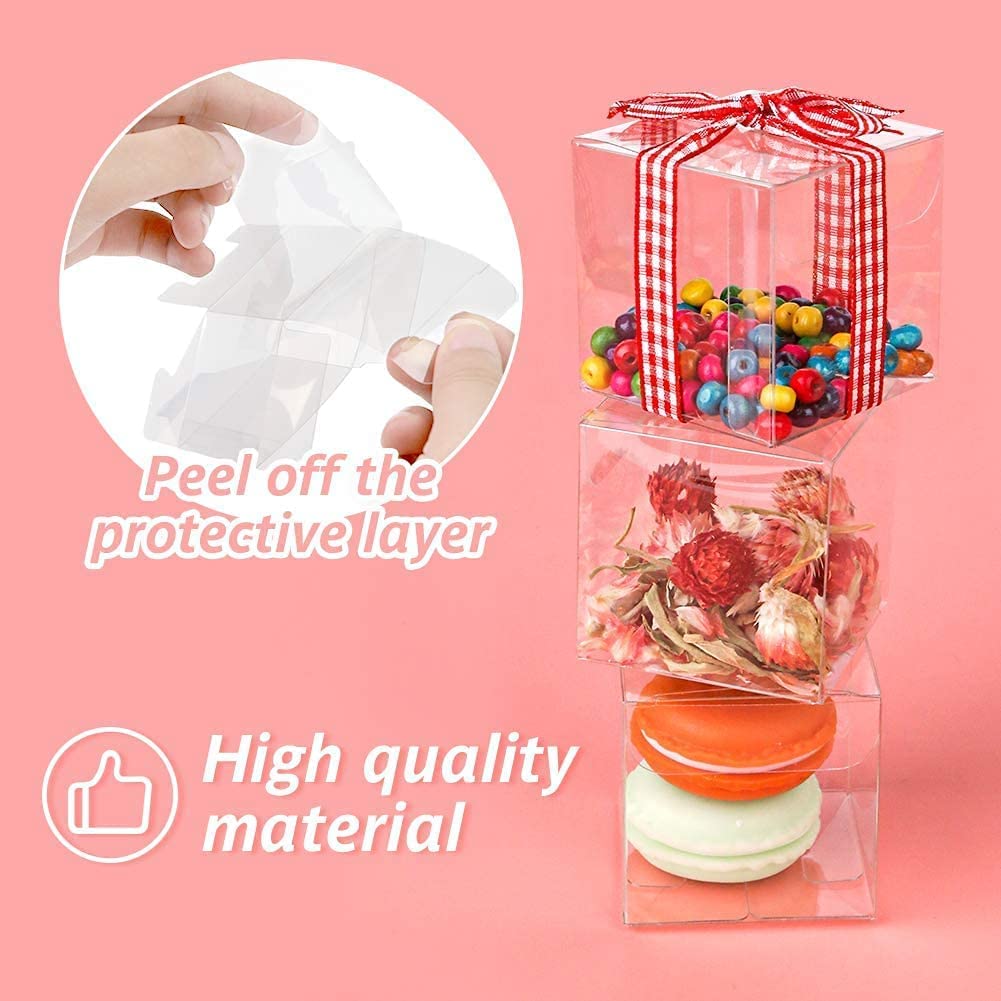 50Pcs Clear Favor Boxes, Individual Transparent Cube Candy Boxes, Plastic Gift Box for Wedding Birthday Thanksgiving Halloween Christmas New Year Party(3.15 inch)
