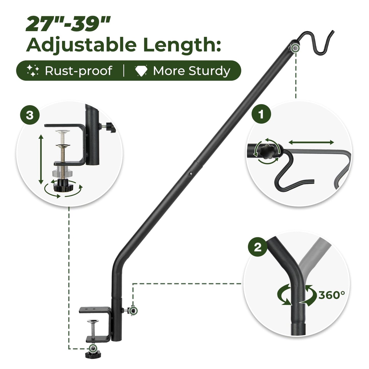 Kingsyard Heavy Duty Deck Hook, 27"-39" Adjustable Metal Deck Railing Hooks for Hanging Bird Feeders, Planters, Suet Baskets, Lanterns, Wind Chimes, Clamp Mounted