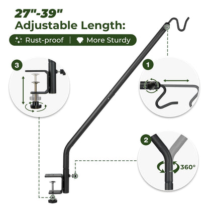 Kingsyard Heavy Duty Deck Hook, 27"-39" Adjustable Metal Deck Railing Hooks for Hanging Bird Feeders, Planters, Suet Baskets, Lanterns, Wind Chimes, Clamp Mounted