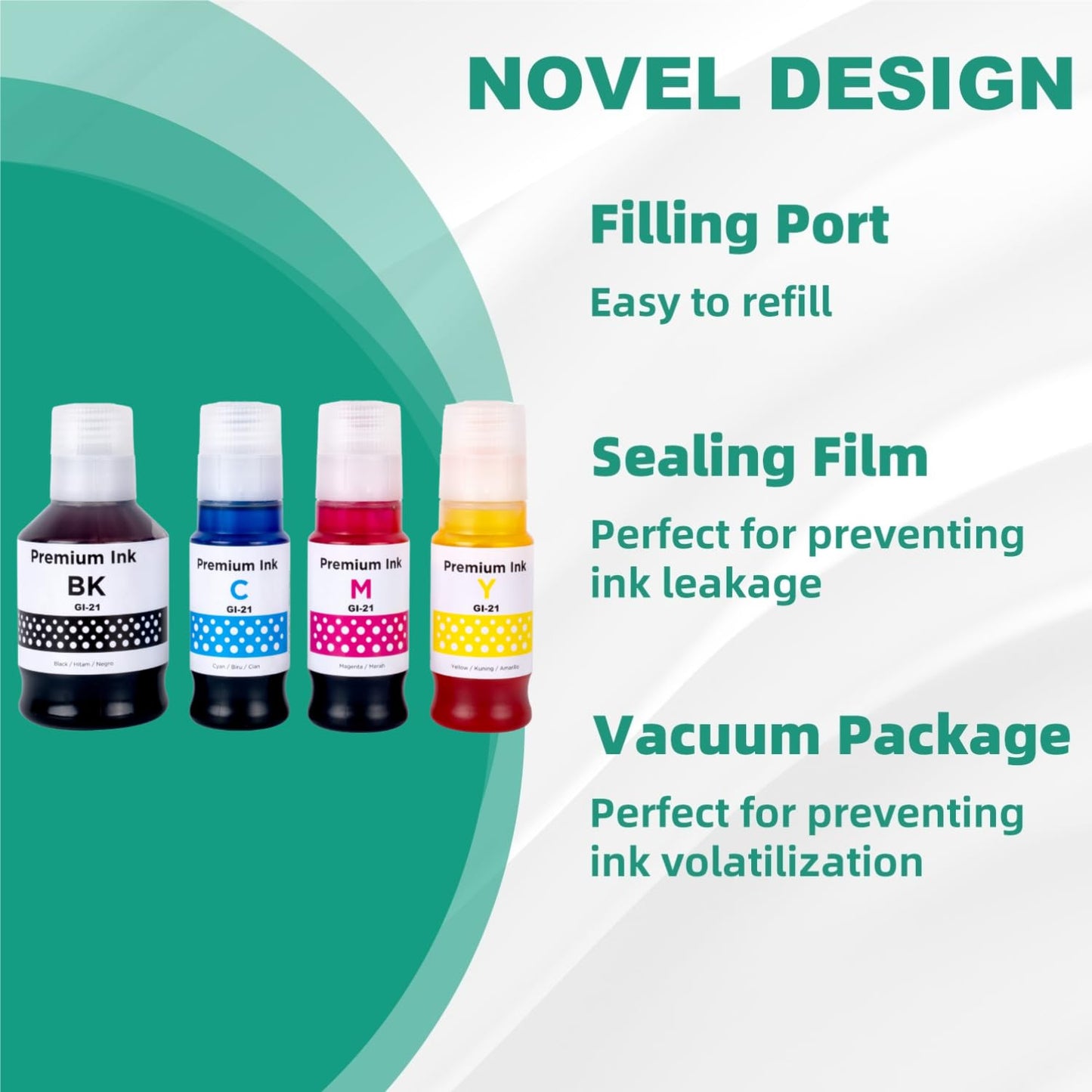 GI-21 G3260 G3270 Ink Refill Bottles Compatible for Canon 21 GI-21 GI21 Ink Refill Bottles for Canon G3260 G3270 G4270 G2260 G1220 G1230 G2270 MegaTank Printers (Black, Cyan, Magenta, Yellow, 4 Pack)