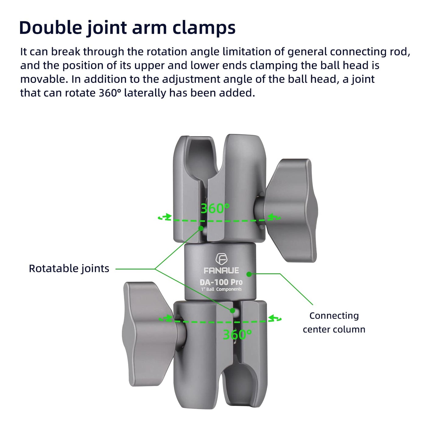 FANAUE Composite Double Socket Swivel Arm,DA-100PRO 3.7" Length, Aluminum Construction, Compatible with RAM Mounts B Size 1" Ball Components