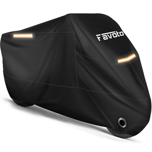 Favoto Waterproof Motorcycle Cover Outdoor Universal Fit All Weather Protection with 3 Night Reflectors Lock-Hole Carrying Bag Windproof Dustproof Durable Sun Outdoor Protection 86.6" Length