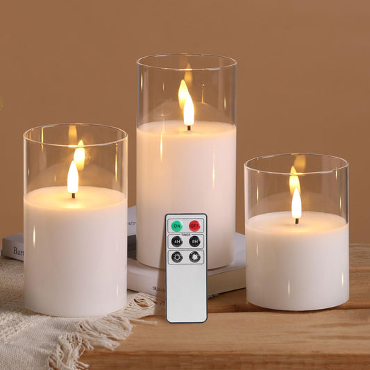 Eywamage Clear Glass Flameless Candles with Remote Set of 3, White Flickering Battery Operated LED Pillar Candles Φ 3" H 4" 5" 6"