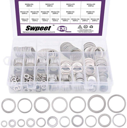 Swpeet 470Pcs Automotive Metric Oil Drain Plug Gasket Aluminum Flat Washer Assortment Kit, Including 18 Different Sizes - M6 M8 M10 M12 M14 M16 M18 M22 M24