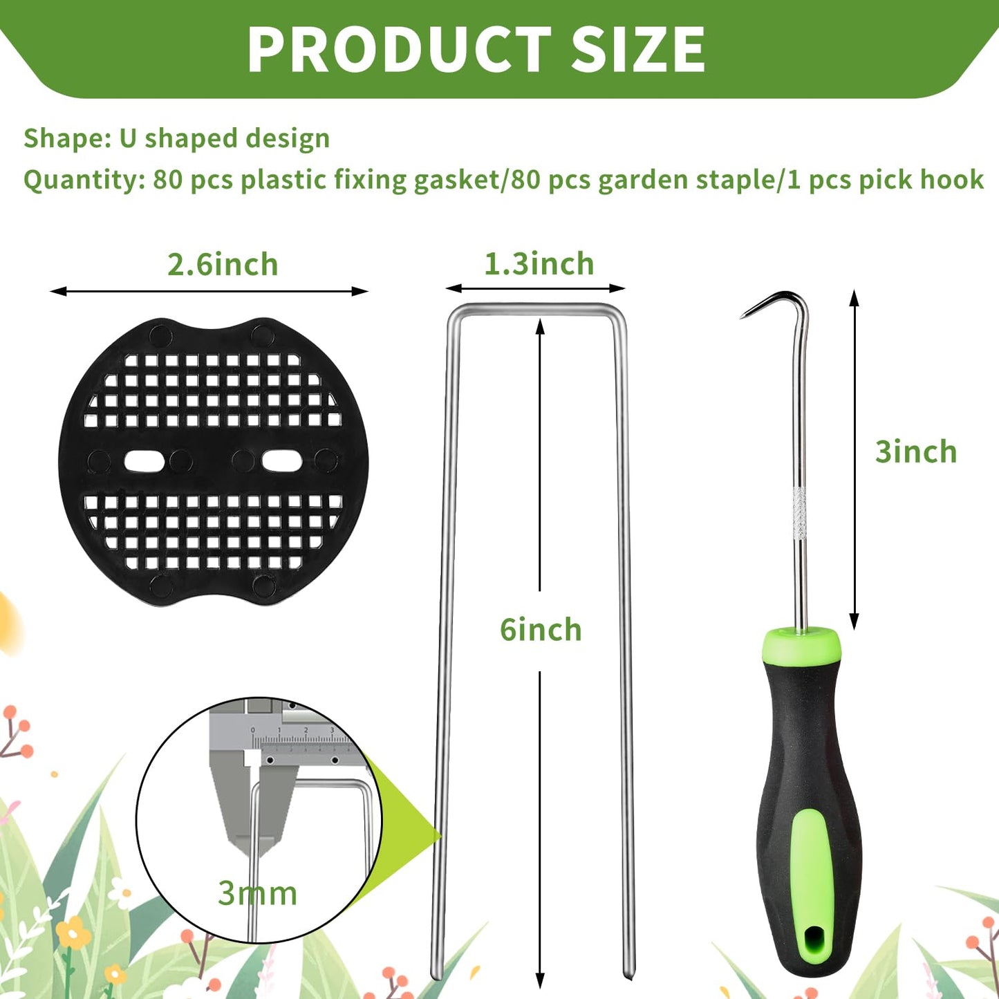 161 Packs 6 Inch Landscape Staples Kit, Heavy Duty Anti-Rust Steel U Shaped Galvanized Garden Stakes, 80 Garden Staples, 80 Fixing Gasket and 1 Pick Hook for Tent, Lawn, Netting, Water Tube