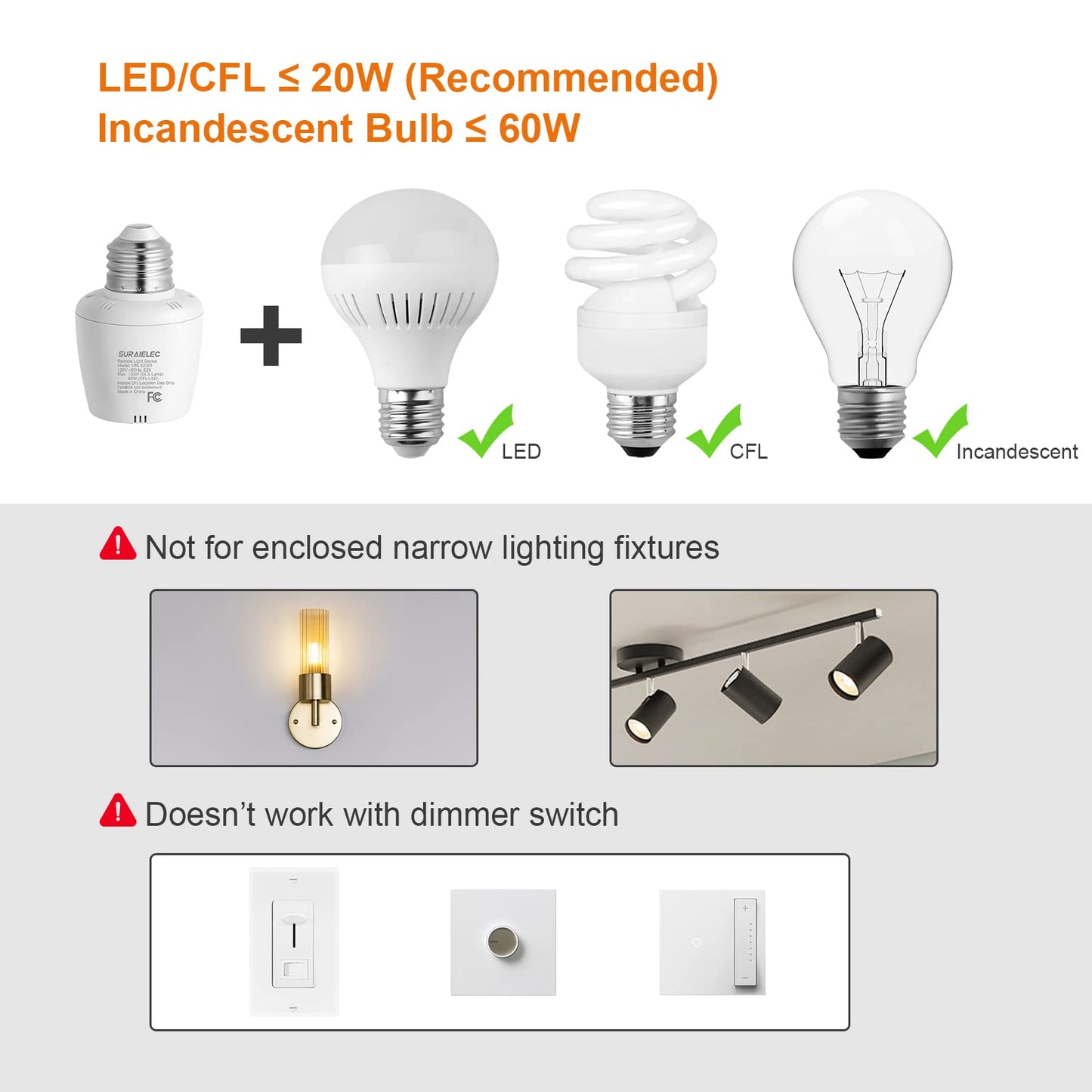 Suraielec Remote Control Light Socket, Wall Mount Switch, E26 E27 Lamp Socket, No Wiring, 100FT Range, Wireless Light Switch for Lamps, Pull Chain Light Fixture (1 Remote+2 Sockets, Shorter Version)