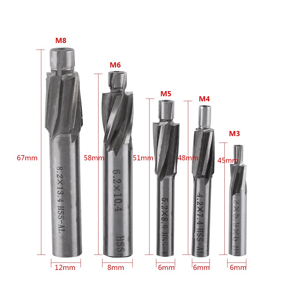 Hilitand 5pcs Counterbore Drill Bits Set, 4 Flutes Straight End Mill Cutter HSS Countersink Slot End Mill Cutter M3-M8 for Copper Aluminum Cast Iron, Milling Cutter